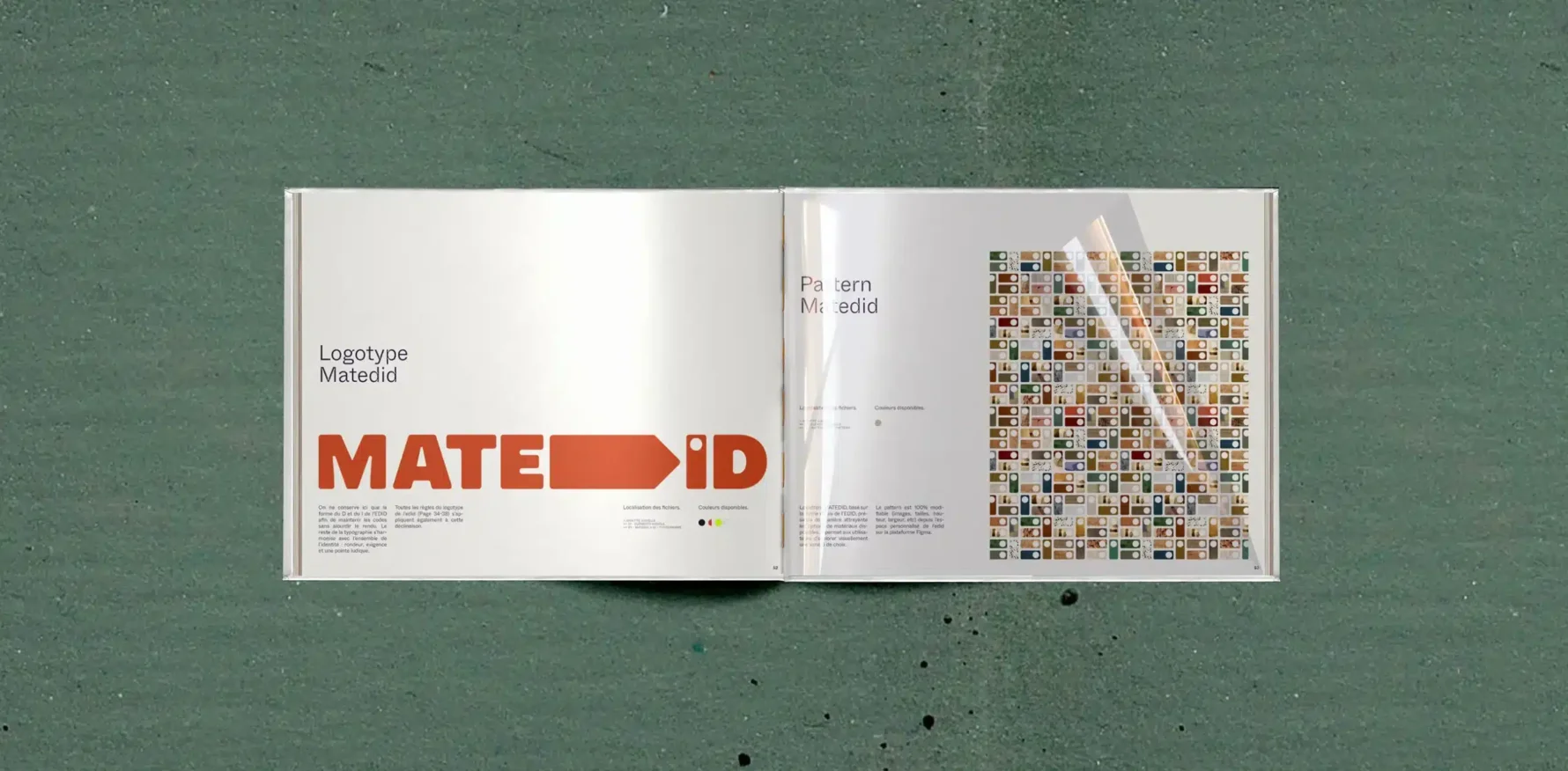 Extrait de charte graphique présentant le logotype et le système visuel de la matériauthèque Matédid