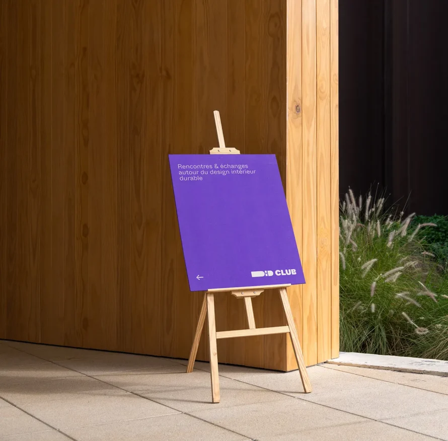 Application de l’identité visuelle pour un club de design intérieur durable avec support événementiel